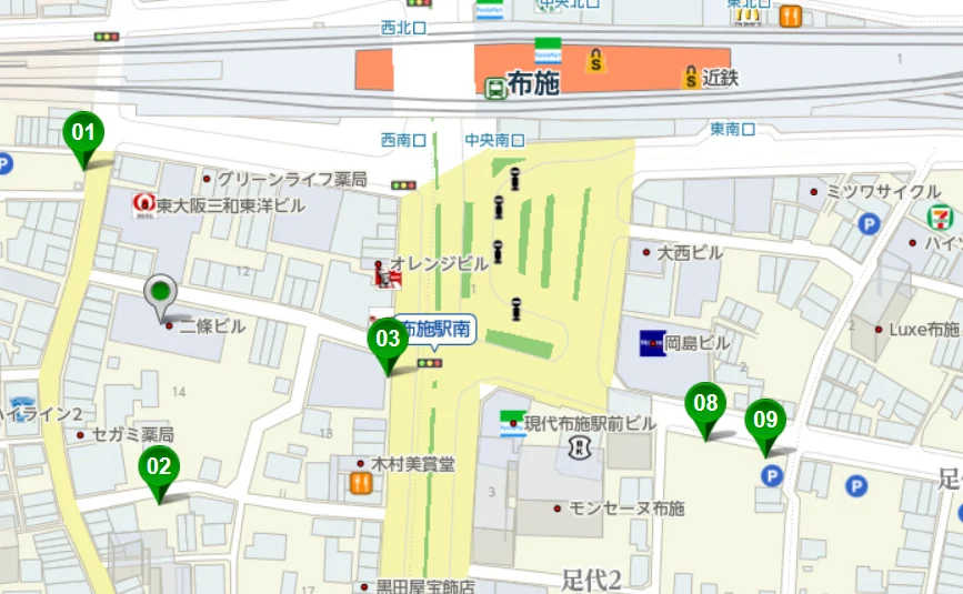 事務所周辺の駐車場の地図(布施駅の南側)
